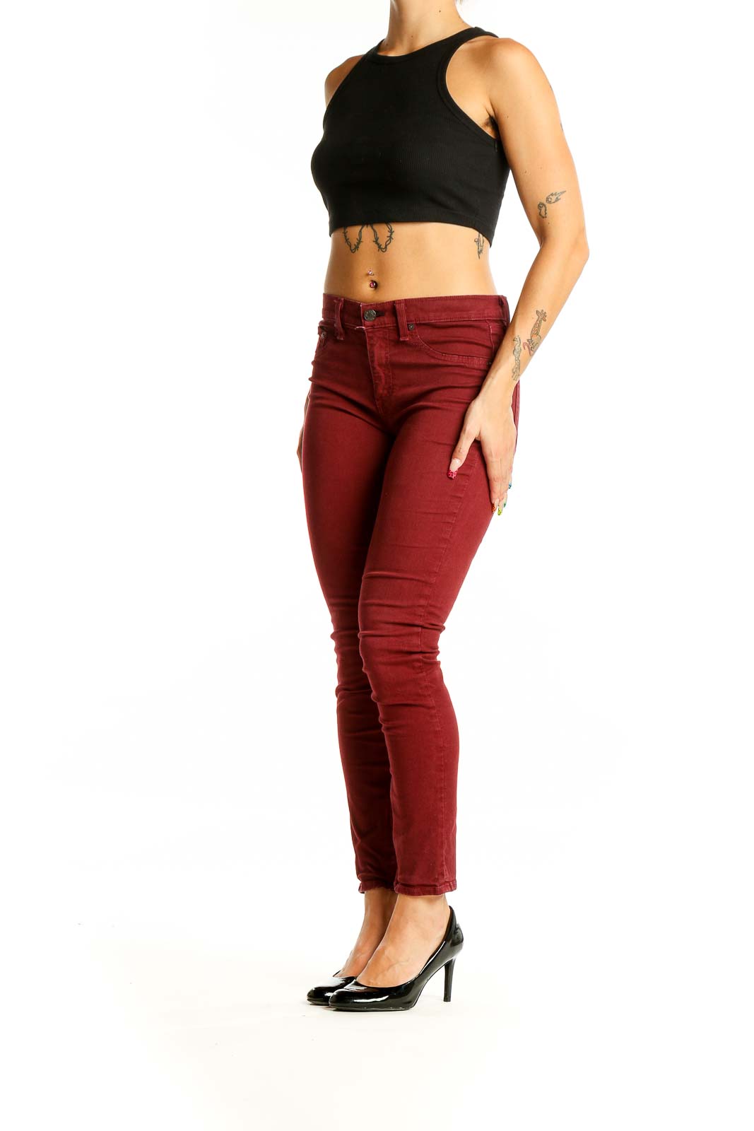 Front view of Rag & Bone burgundy slim-fit denim jeans on model