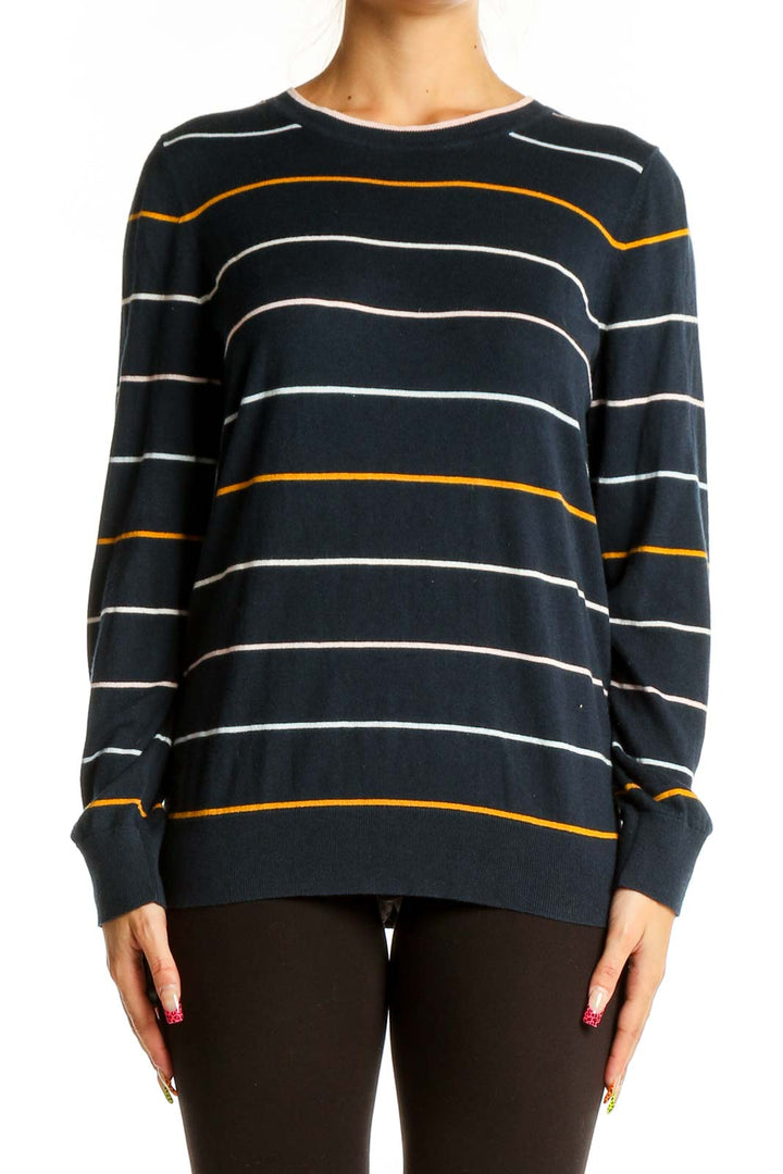 Front view of Banana Republic navy striped sweater with crew neck