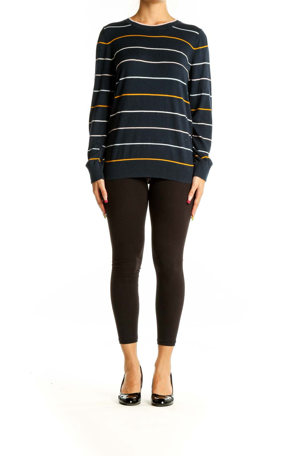 Front view of Banana Republic navy striped sweater with crew neck