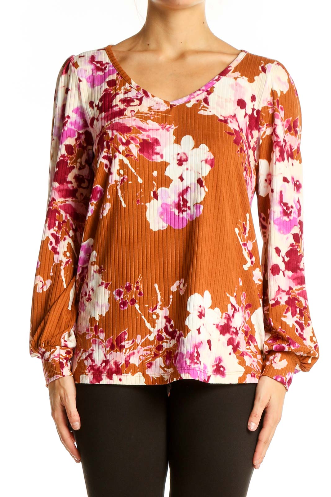 Front view of orange Staccato blouse with pink and white floral print and V-neckline