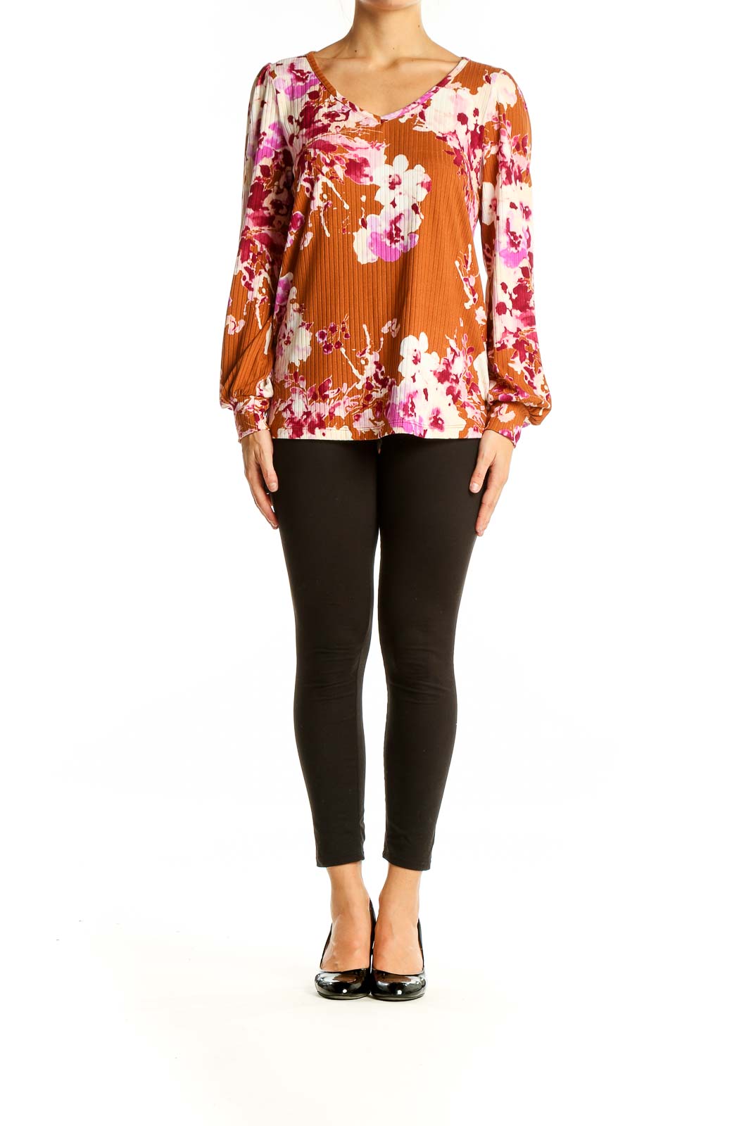 Front view of orange Staccato blouse with pink and white floral print and V-neckline