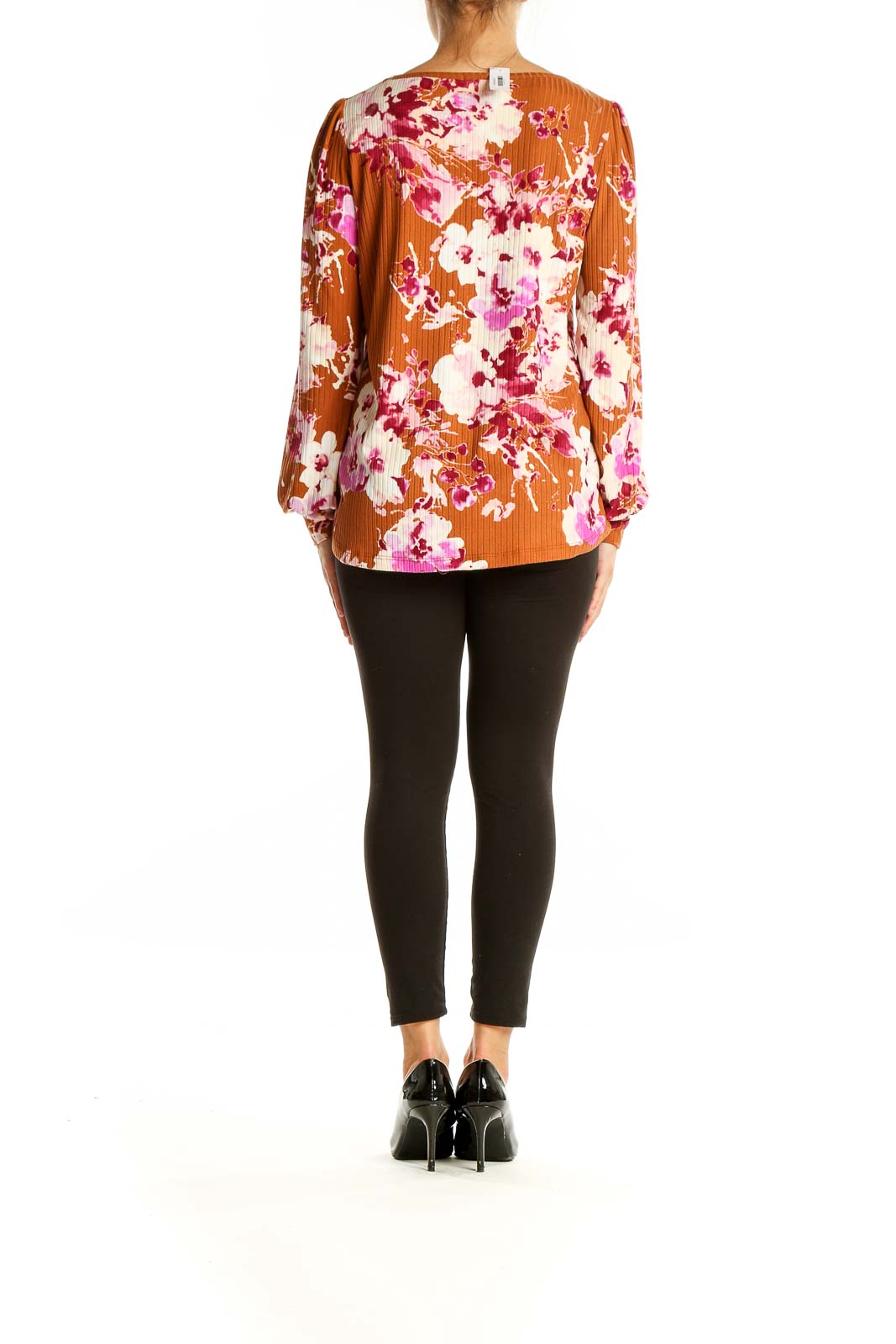 Back view of orange Staccato blouse showing all-over floral print and long sleeves