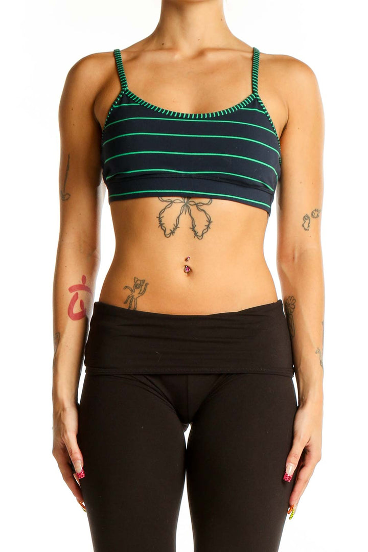 Front view of Lululemon Navy Striped Athletic Crop Top with green accents