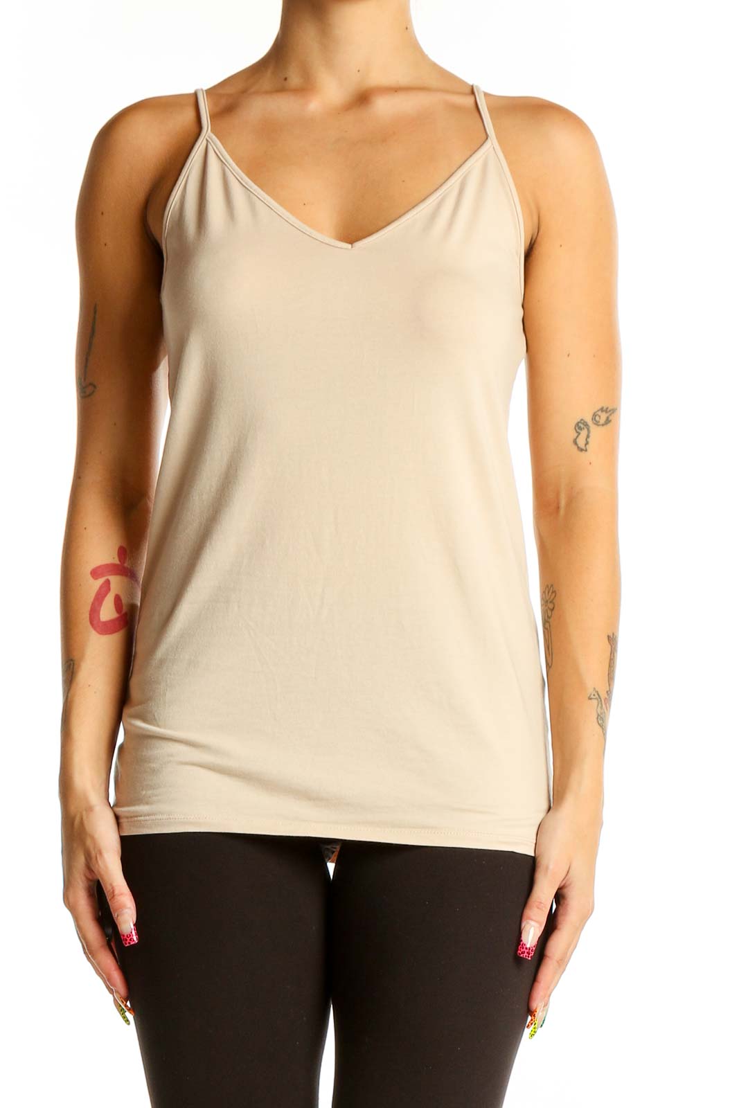 Front view of beige LOFT V-neck camisole top on model