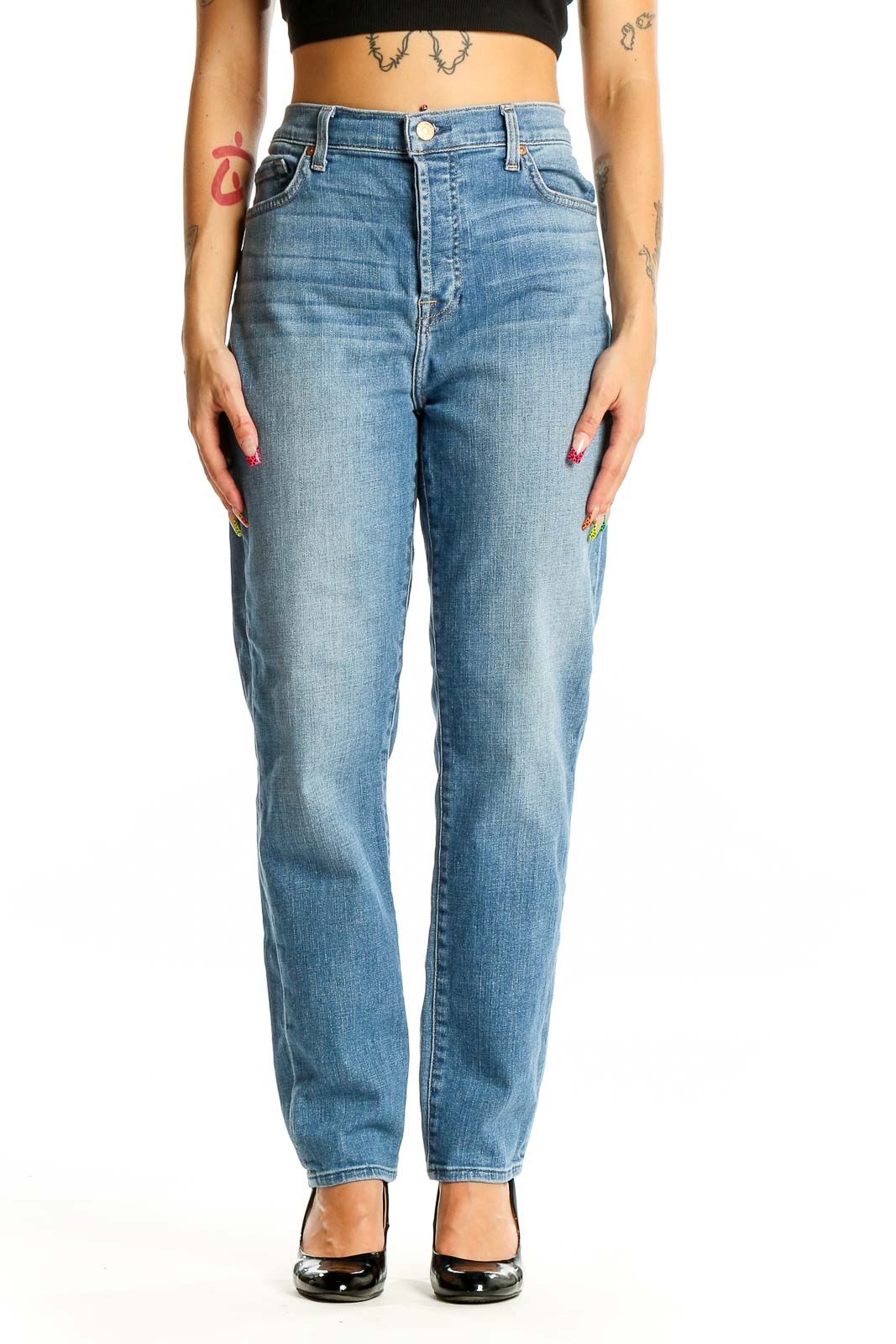 Front view of 7 For All Mankind blue high-waisted straight leg jeans