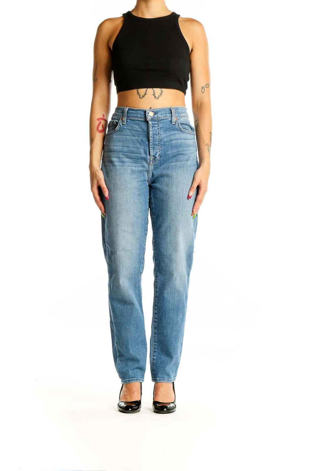 Front view of 7 For All Mankind blue high-waisted straight leg jeans