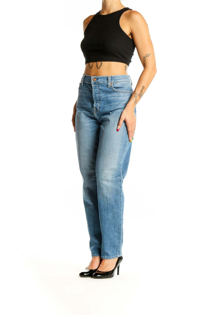 Front view of 7 For All Mankind blue high-waisted straight leg jeans