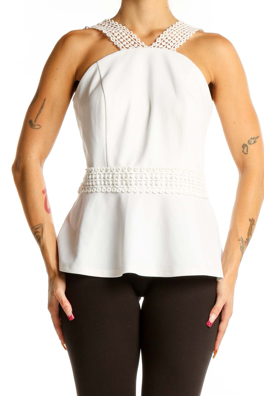 Front view of Thalia Sodi white peplum top with lace trim