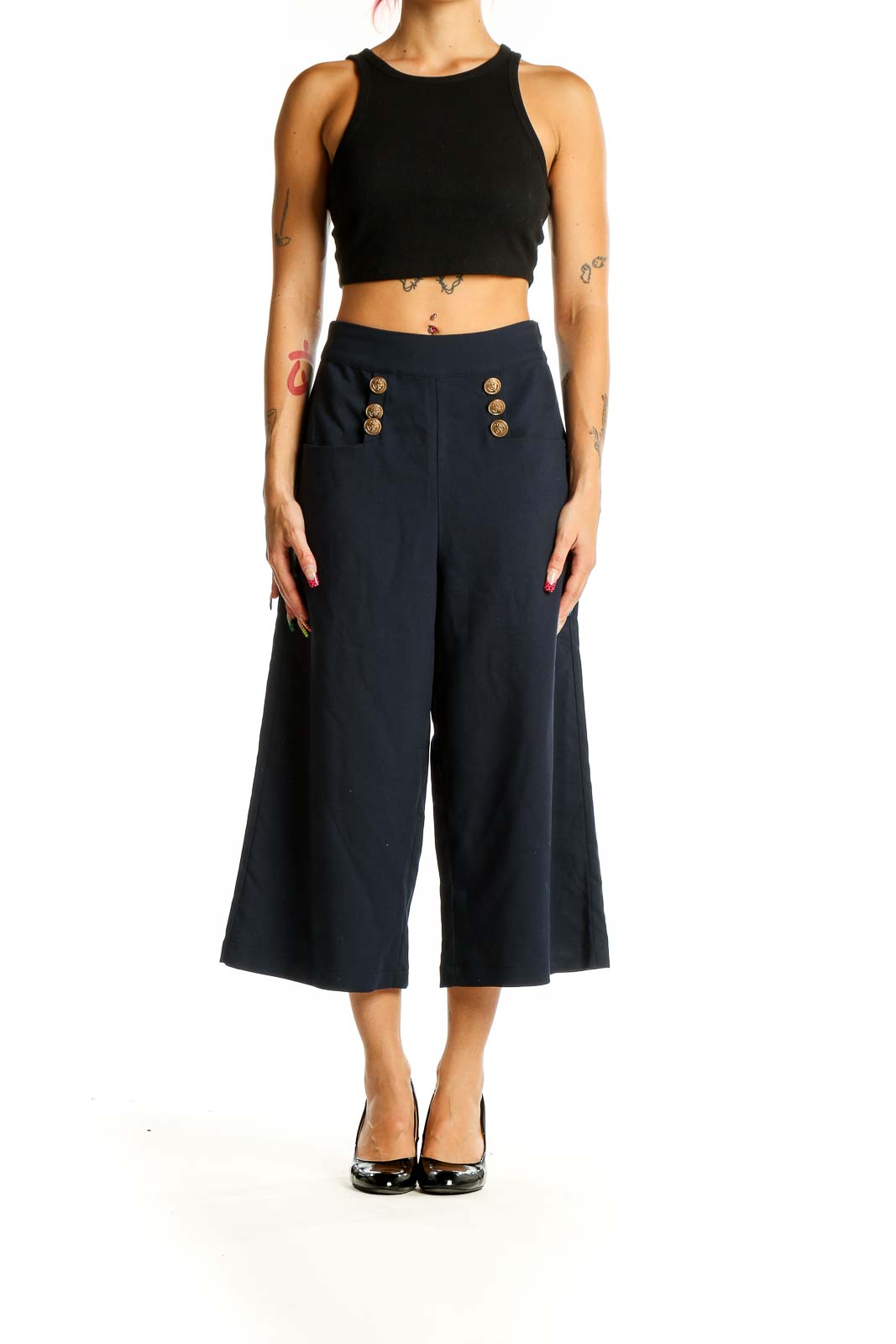 Front view of Unique Vintage navy wide-leg cropped trousers with gold button details