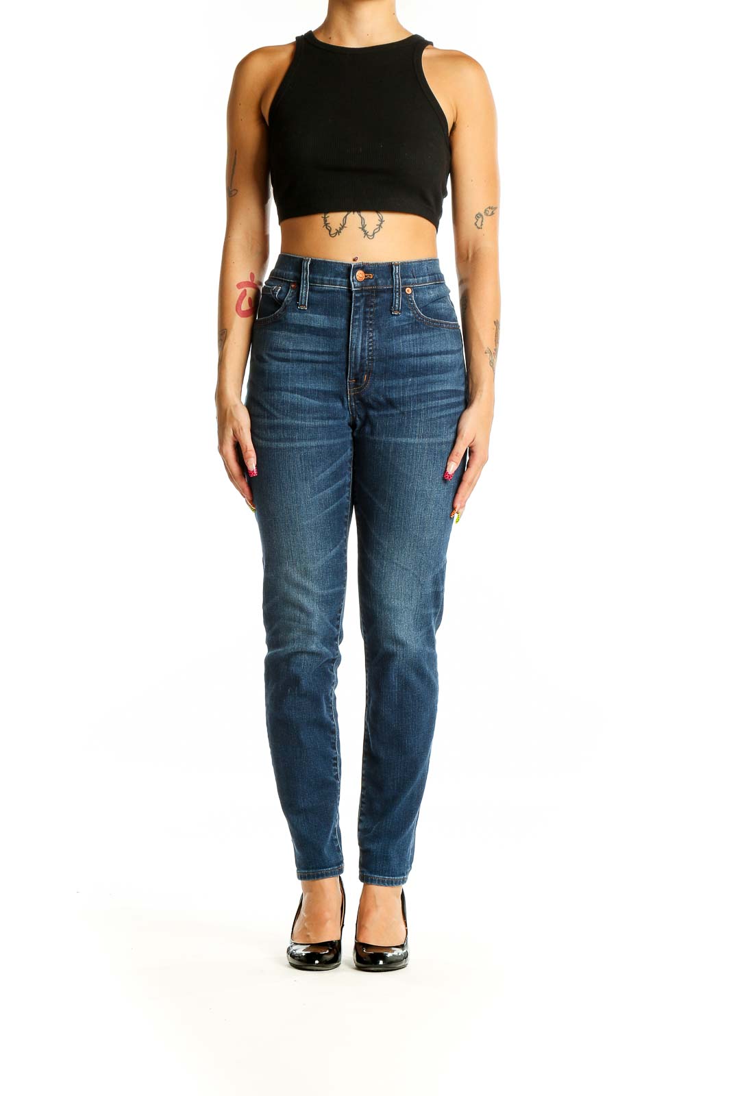 Front view of Madewell blue high-rise straight-leg jeans on model