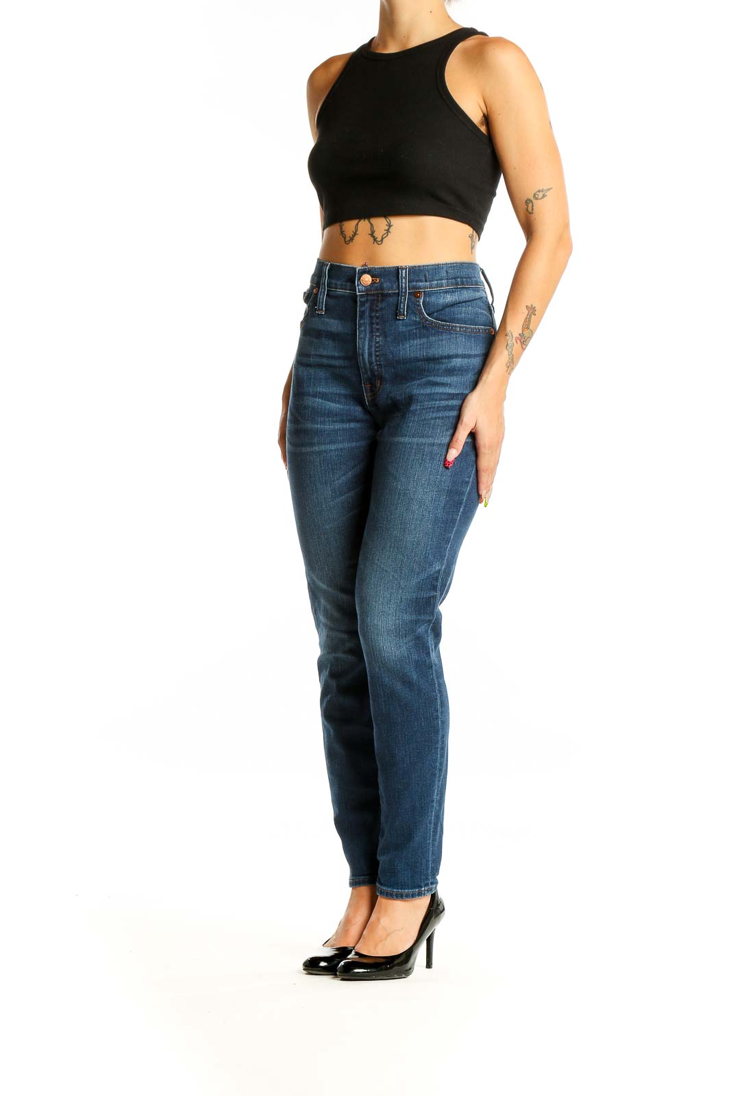 Front view of Madewell blue high-rise straight-leg jeans on model