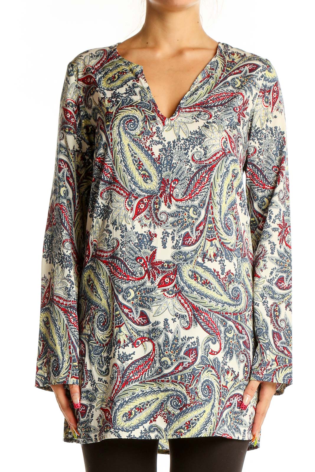 Front view of Lanidor multicolor paisley print tunic top with V-neck