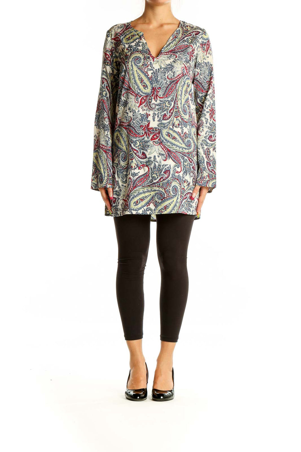 Front view of Lanidor multicolor paisley print tunic top with V-neck