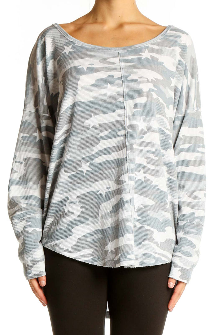 Front view of Lucky Brand gray camo-star print oversized knit top