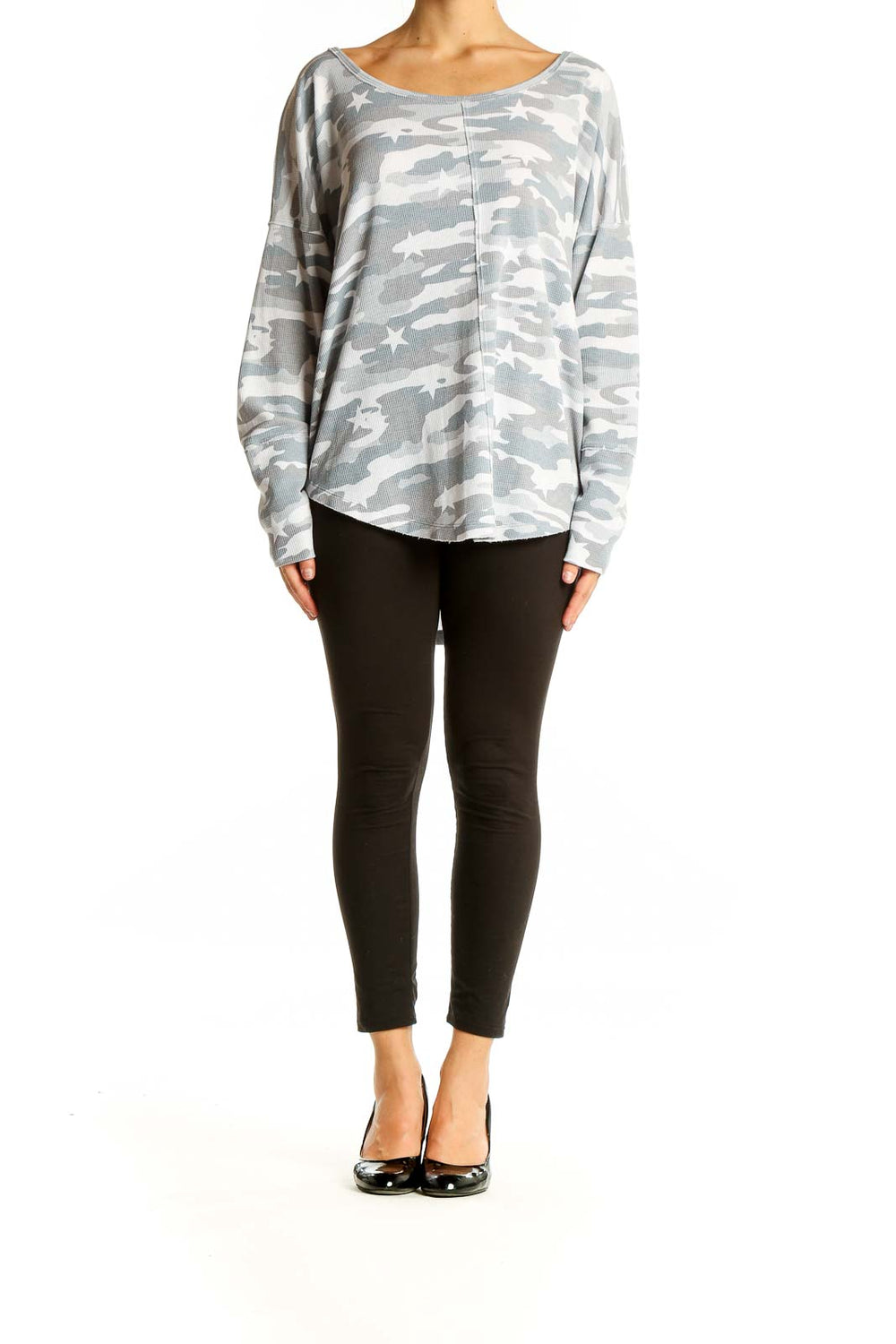 Front view of Lucky Brand gray camo-star print oversized knit top