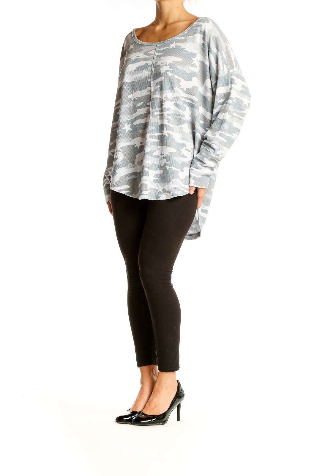 Front view of Lucky Brand gray camo-star print oversized knit top