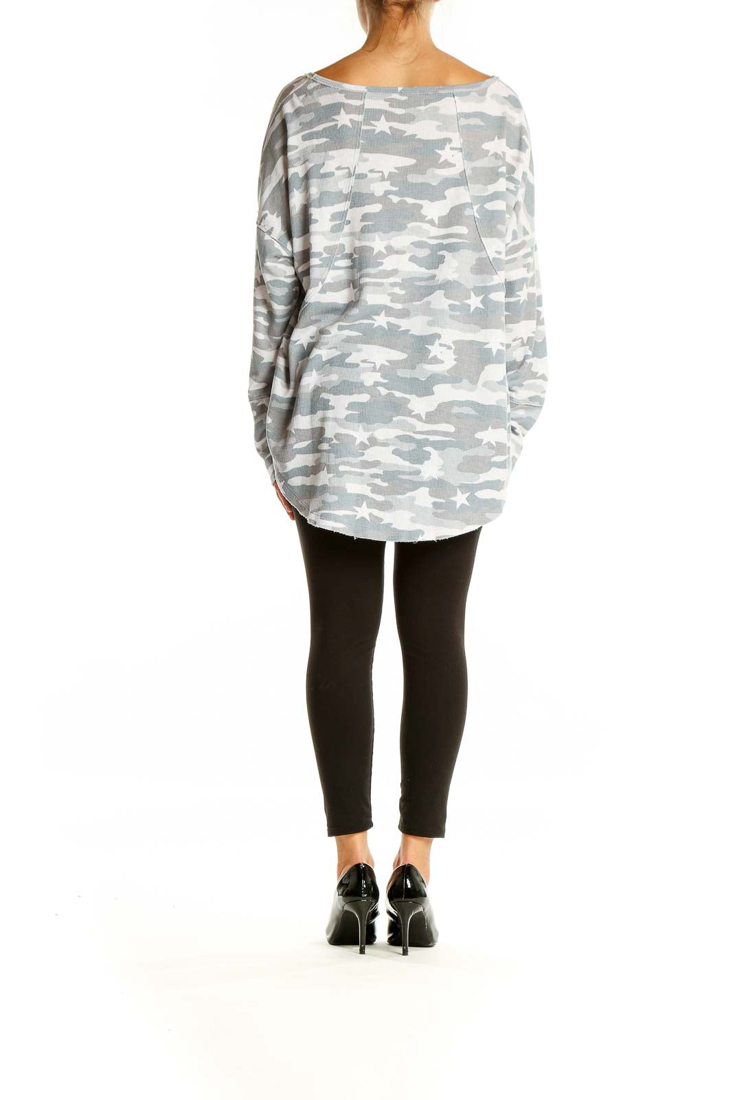 Back view of Lucky Brand gray camo-star print oversized knit top showing relaxed fit