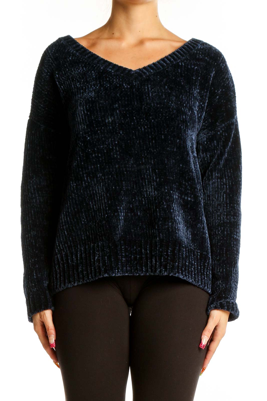 Front view of navy chenille V-neck sweater from Gap