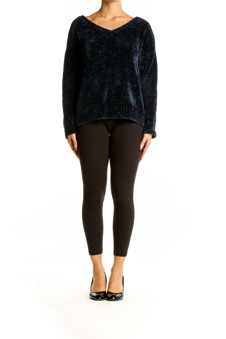 Front view of navy chenille V-neck sweater from Gap