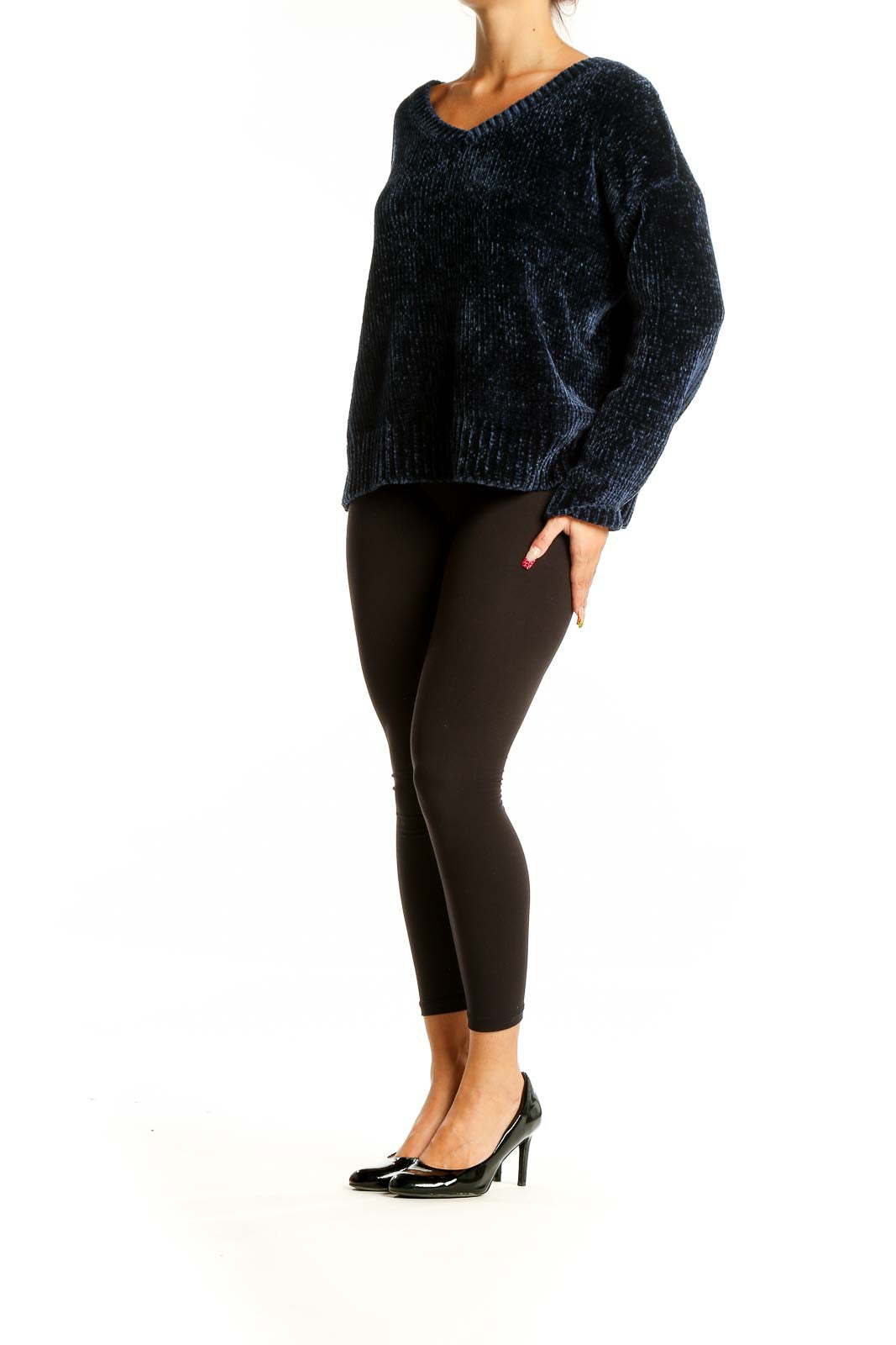 Front view of navy chenille V-neck sweater from Gap