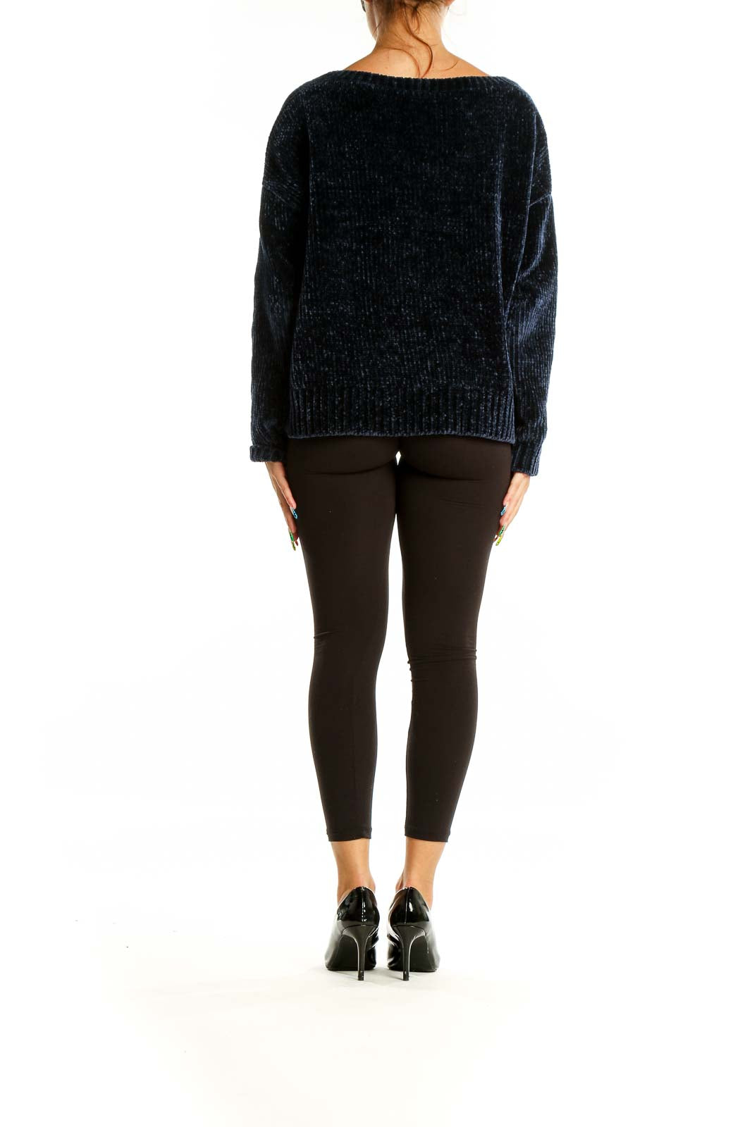 Back view of navy chenille V-neck sweater from Gap