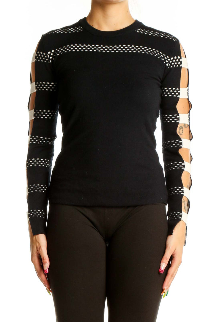 Front view of Bailey 44 Black Striped Mesh Long Sleeve Top with cutout sleeve details