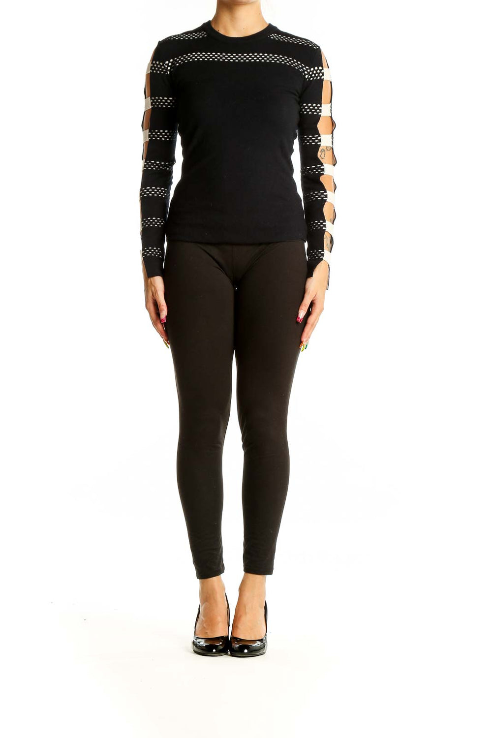 Front view of Bailey 44 Black Striped Mesh Long Sleeve Top with cutout sleeve details