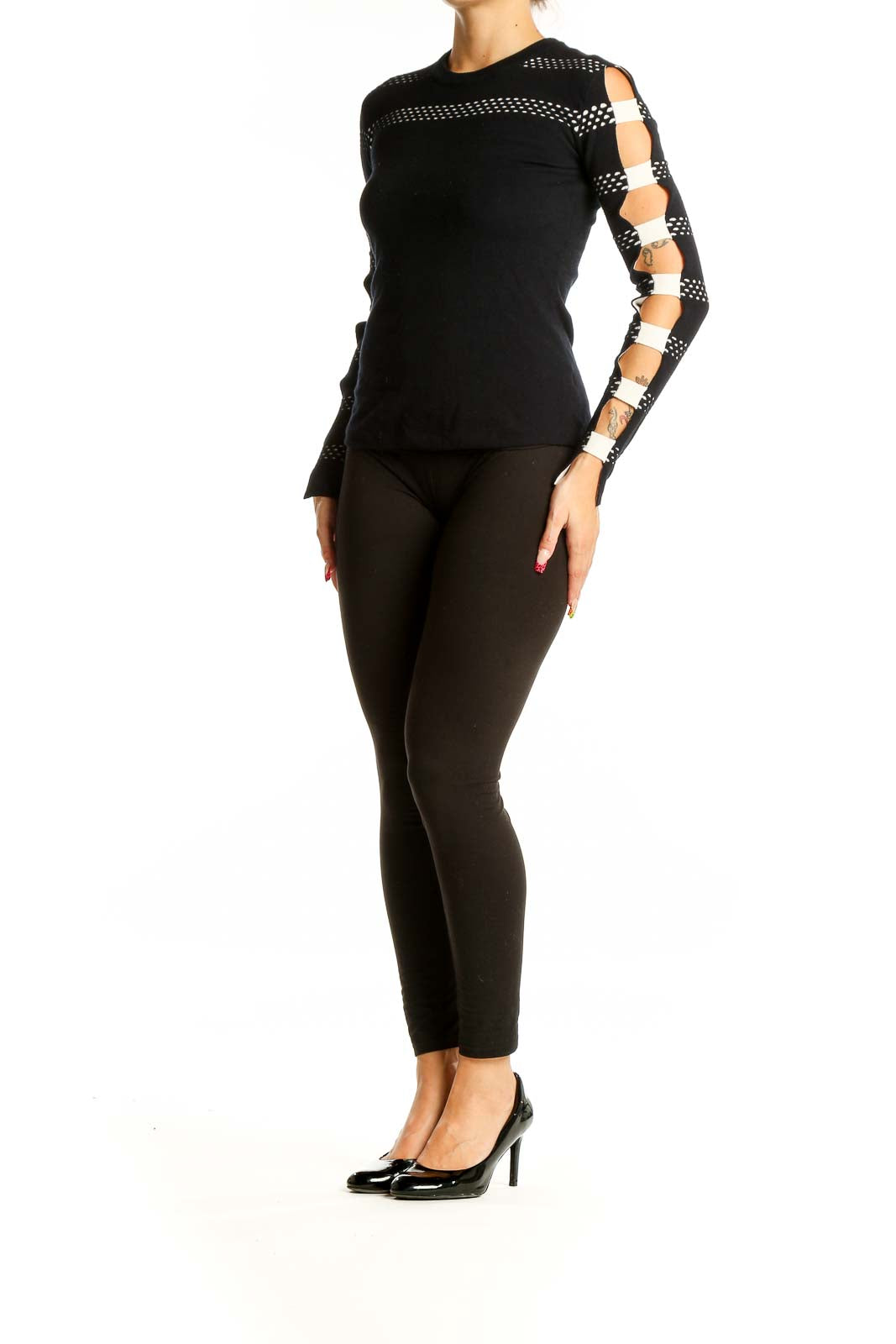 Front view of Bailey 44 Black Striped Mesh Long Sleeve Top with cutout sleeve details