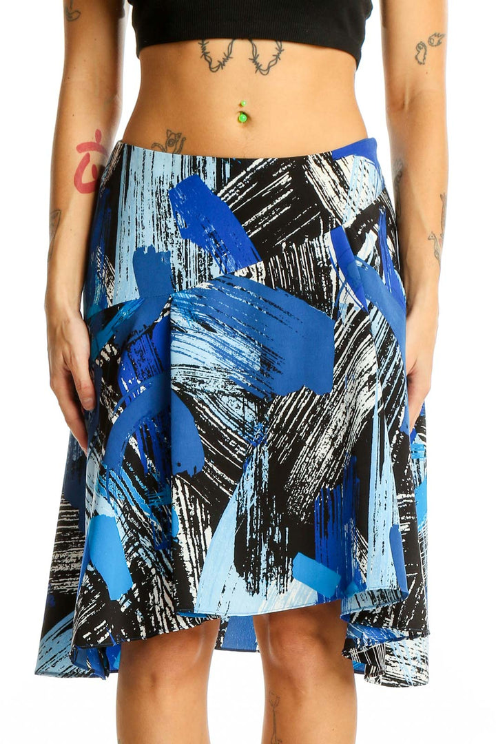 Front view of Vince Camuto blue abstract print high-low skirt