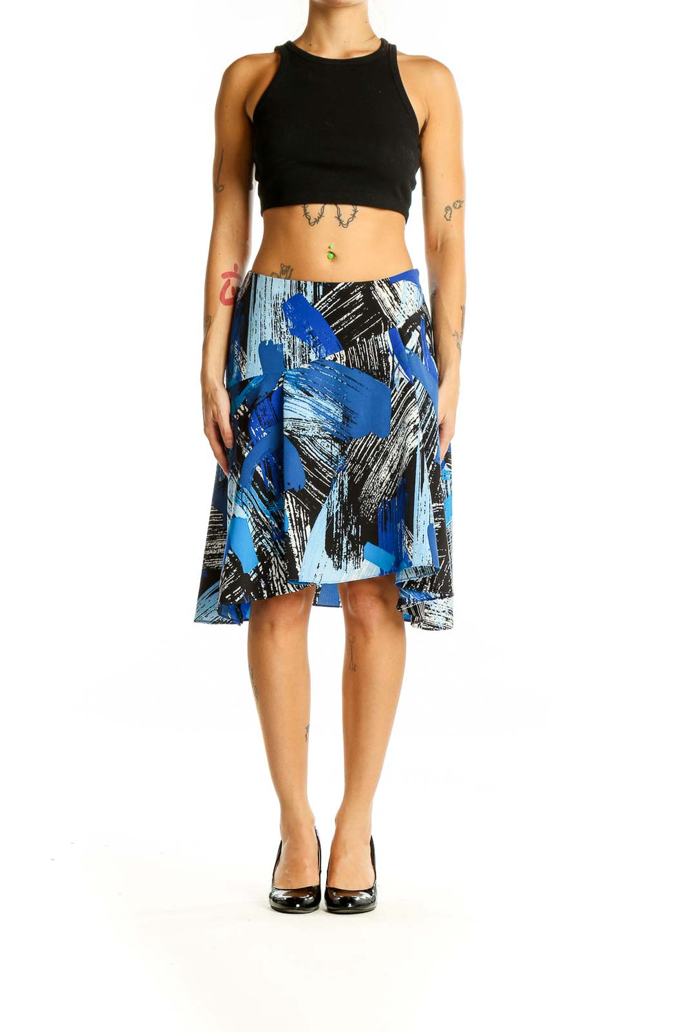 Front view of Vince Camuto blue abstract print high-low skirt