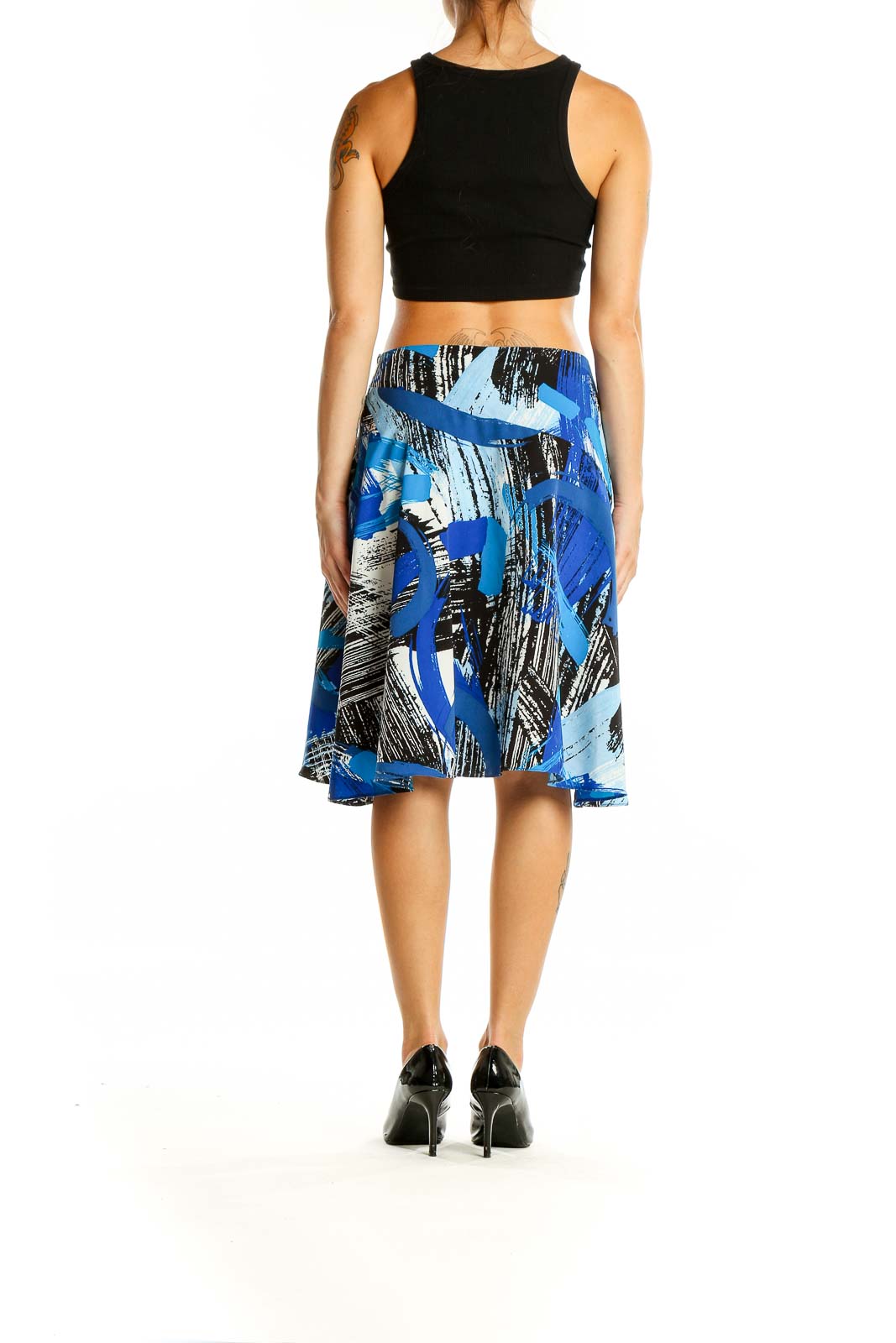 Back view of Vince Camuto blue abstract print high-low skirt