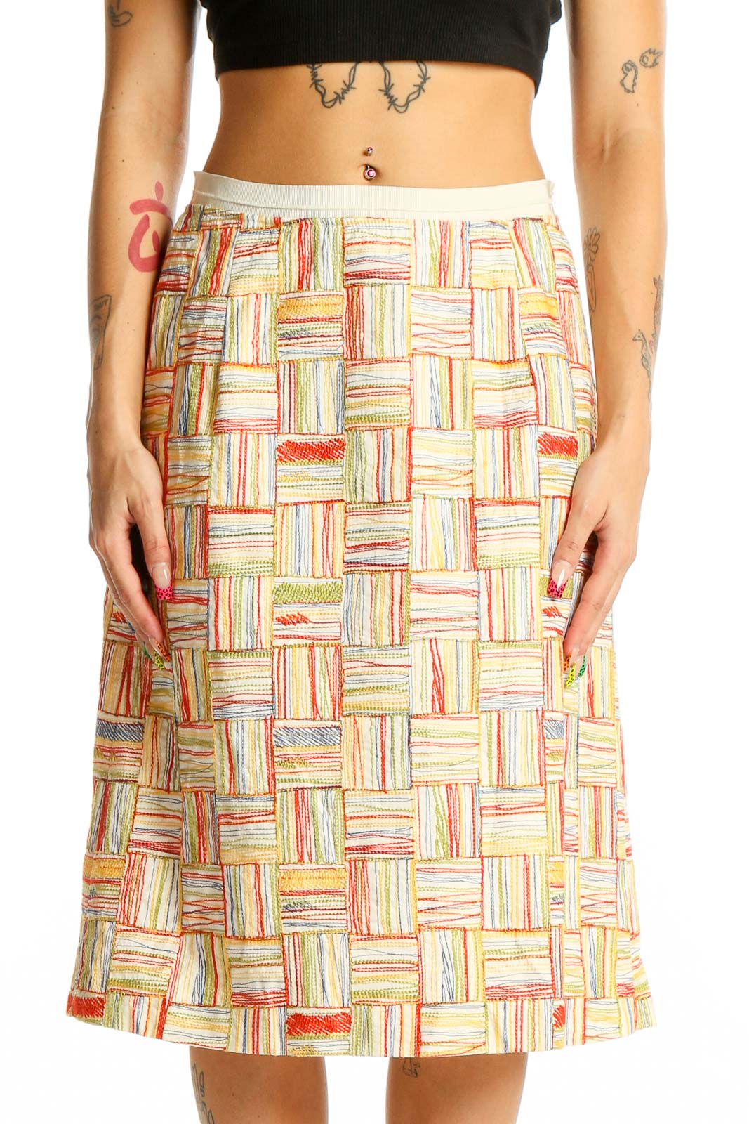 Front view of Piazza Sempione multicolor patchwork A-line midi skirt