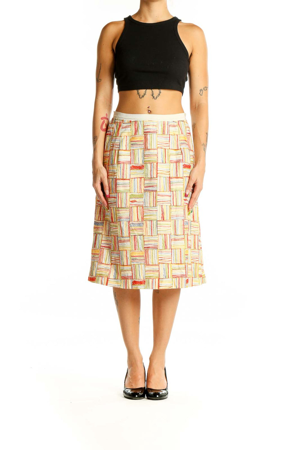 Front view of Piazza Sempione multicolor patchwork A-line midi skirt