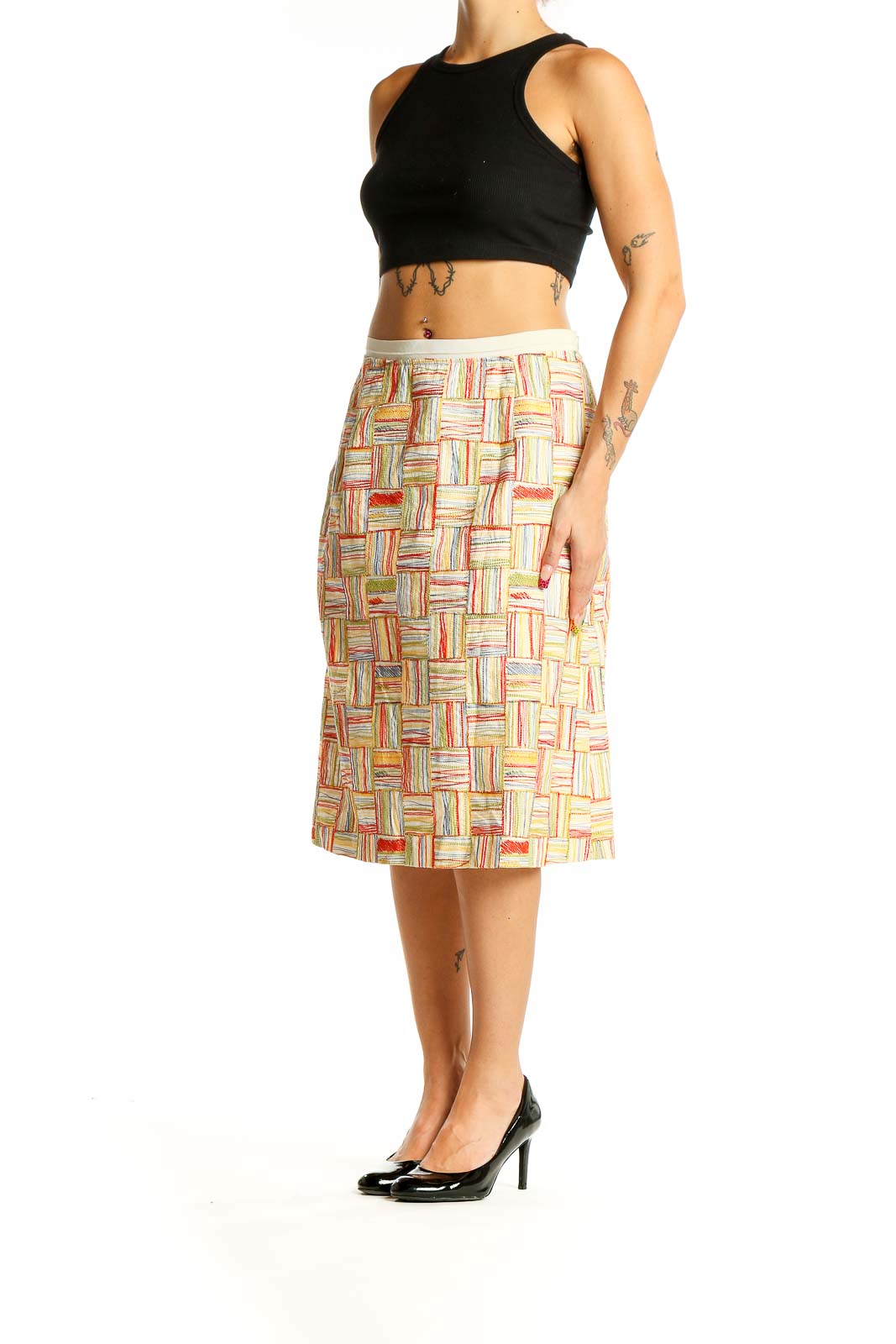 Front view of Piazza Sempione multicolor patchwork A-line midi skirt