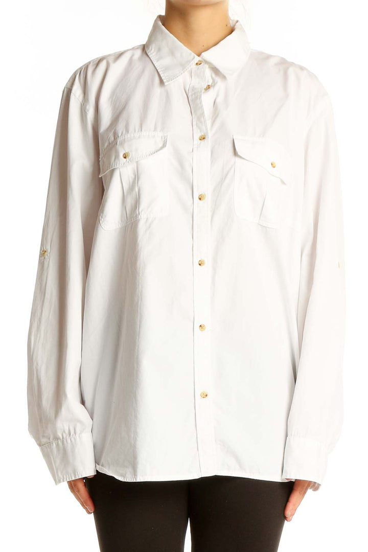 Front view of white Lauren Ralph Lauren cotton button-up shirt with gold-tone buttons