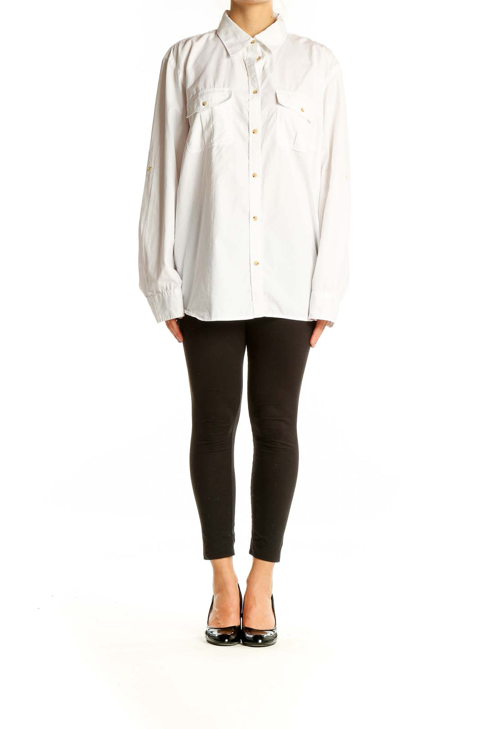 Front view of white Lauren Ralph Lauren cotton button-up shirt with gold-tone buttons