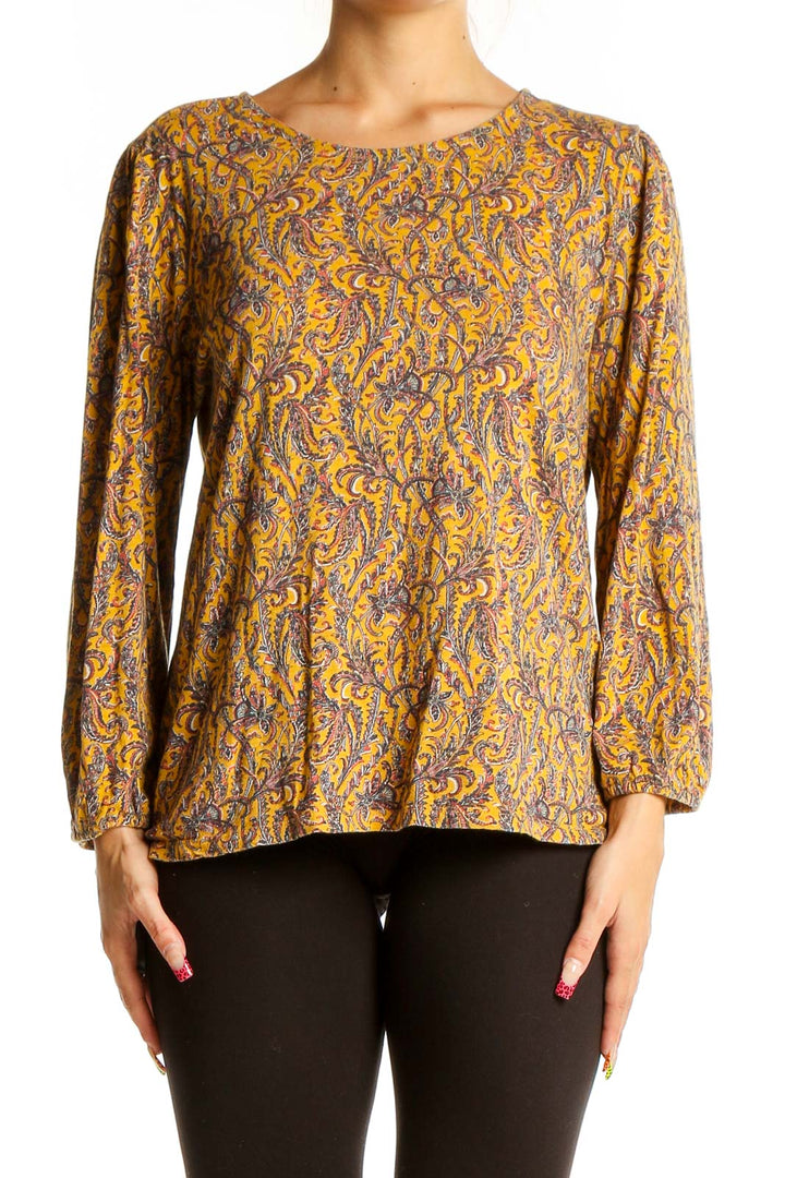 Front view of Lucky Brand yellow floral long sleeve blouse