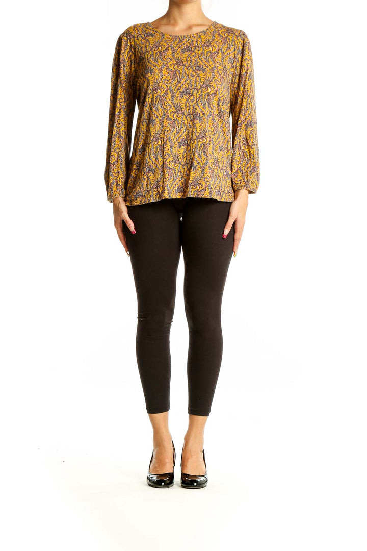 Front view of Lucky Brand yellow floral long sleeve blouse