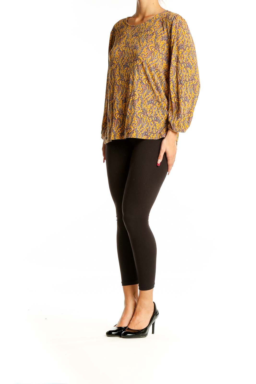 Front view of Lucky Brand yellow floral long sleeve blouse