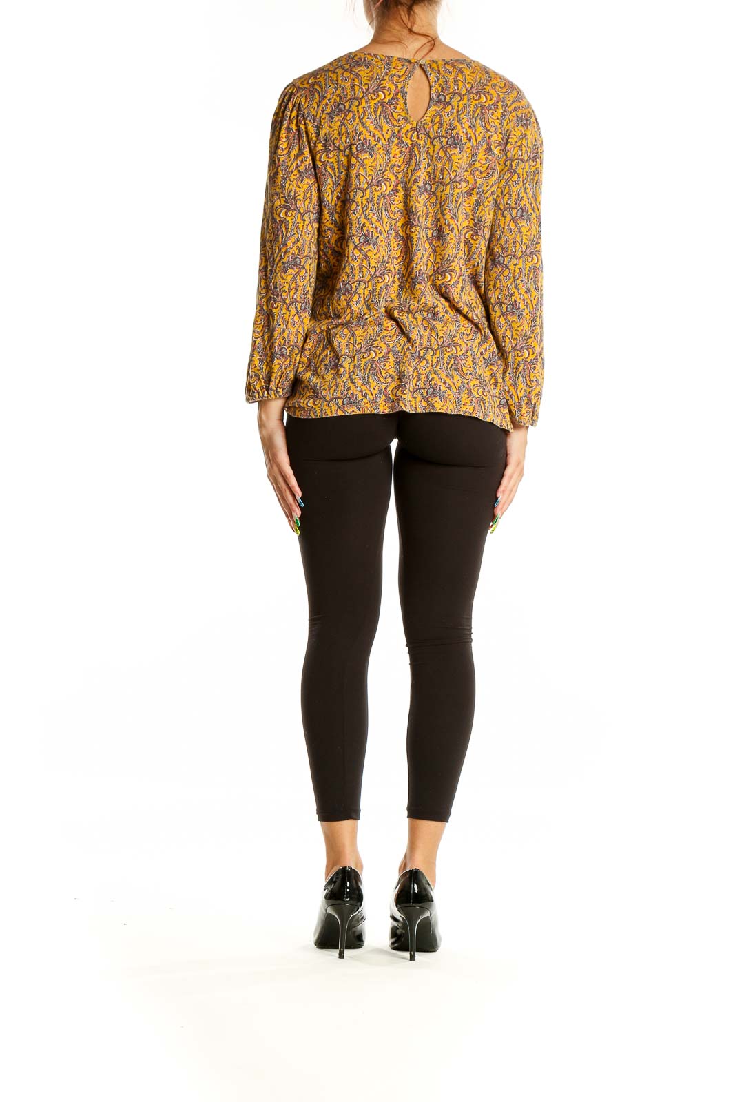 Back view of Lucky Brand yellow floral long sleeve blouse with keyhole detail