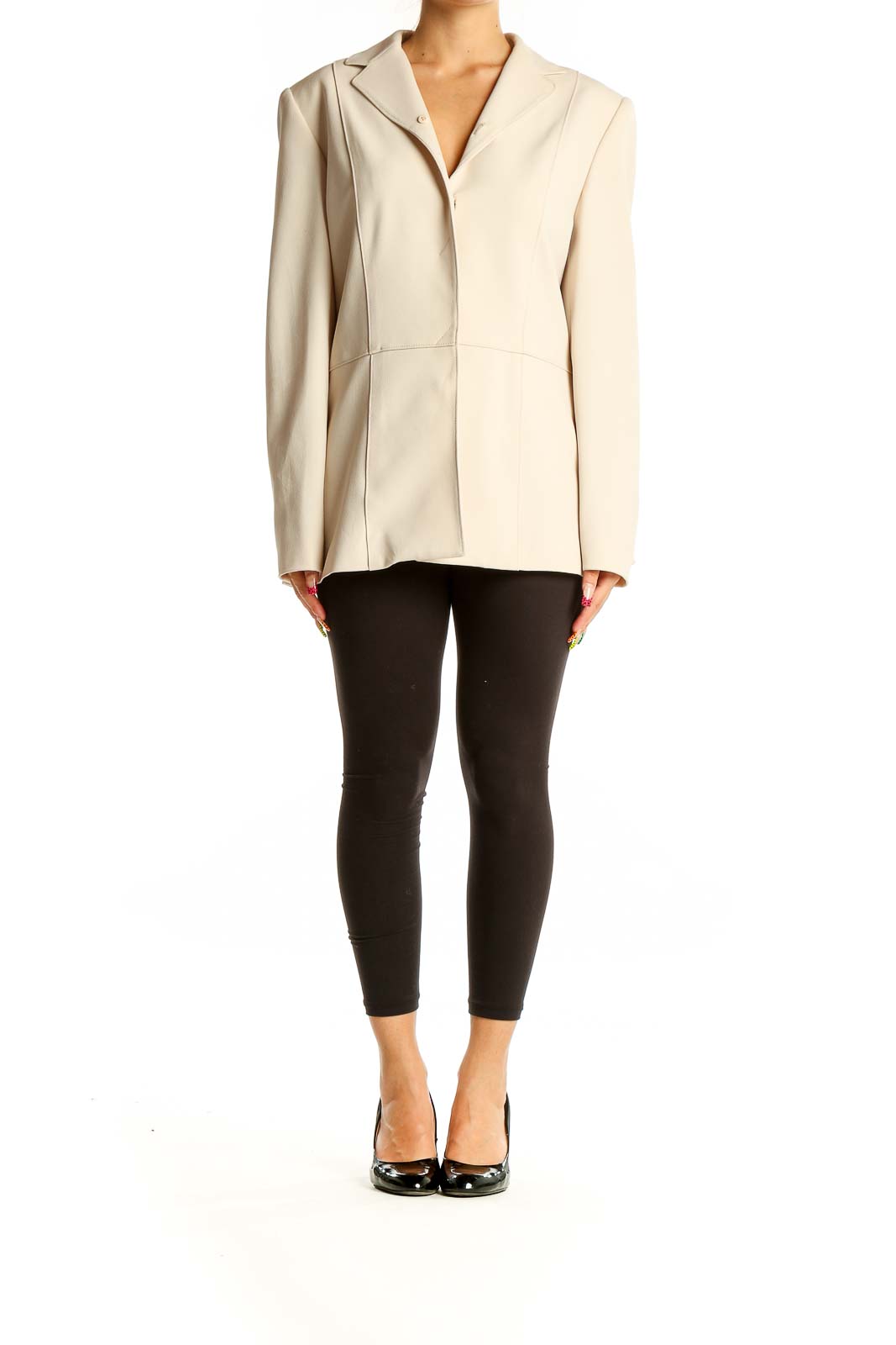 Front view of Halston cream structured blazer jacket