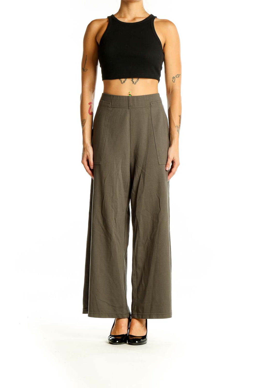 Front view of Max Studio olive wide-leg pants with high waist and front pockets