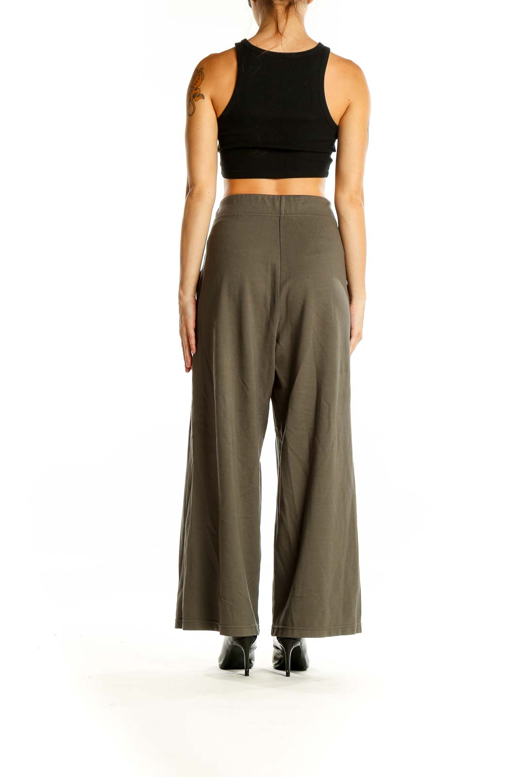 Back view of Max Studio olive wide-leg pants showing full length and fit