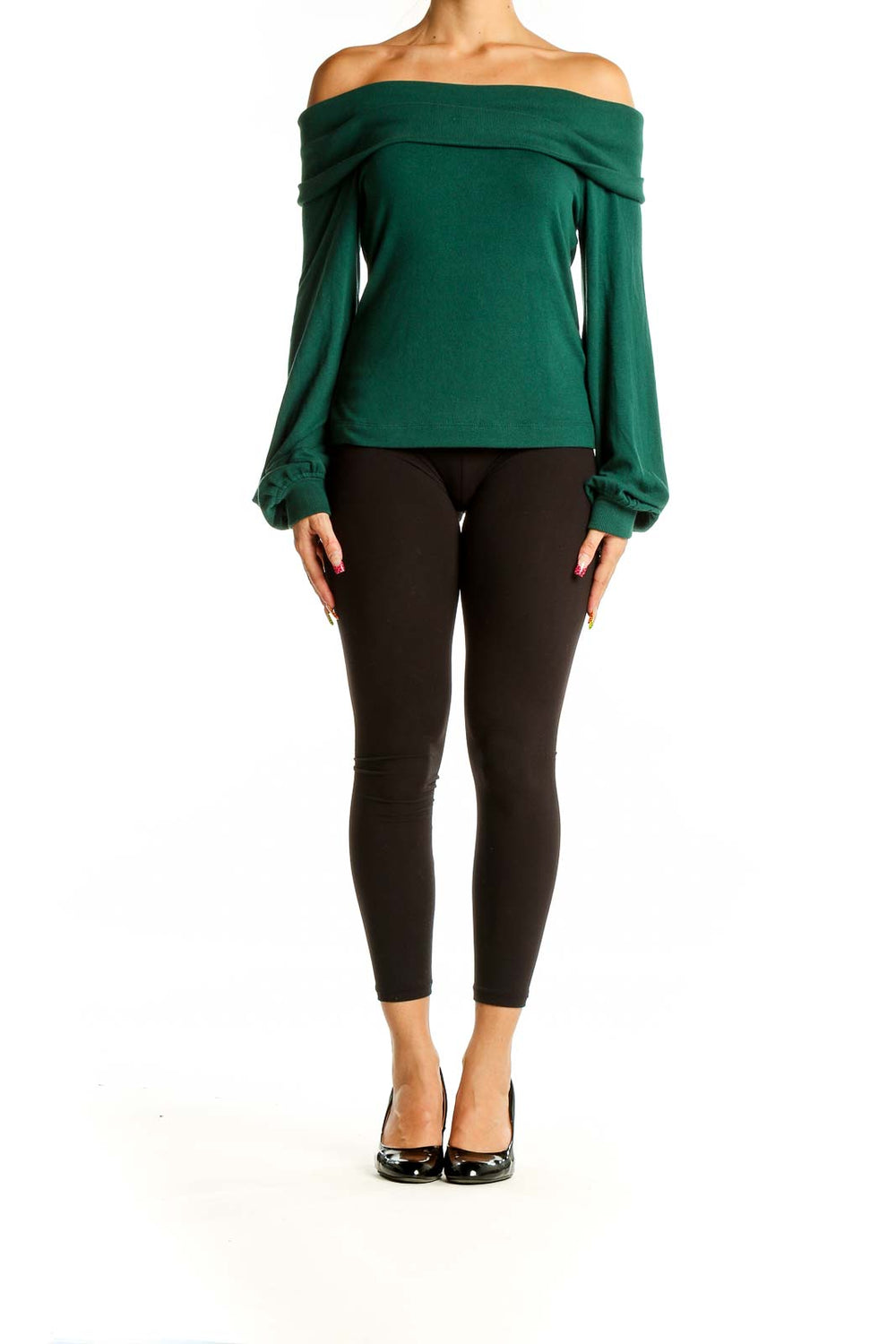 Front view of green off-shoulder knit top from Banana Republic