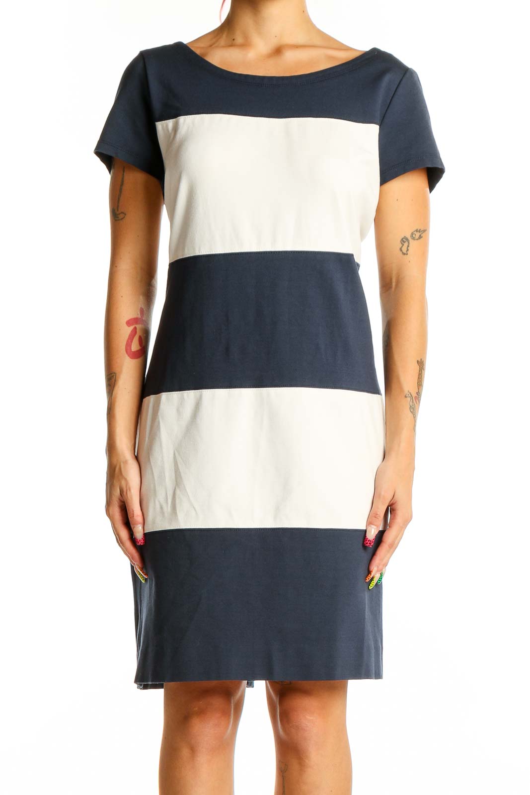 Front view of Banana Republic Navy and White Striped Shift Dress