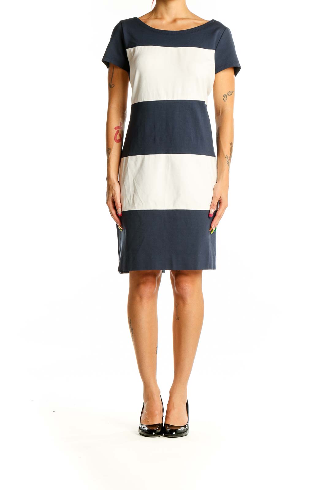 Front view of Banana Republic Navy and White Striped Shift Dress