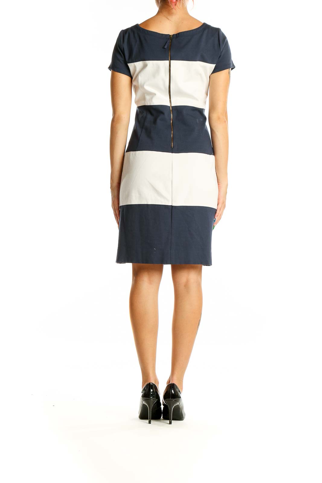 Back view of Banana Republic Navy and White Striped Shift Dress showing zipper closure