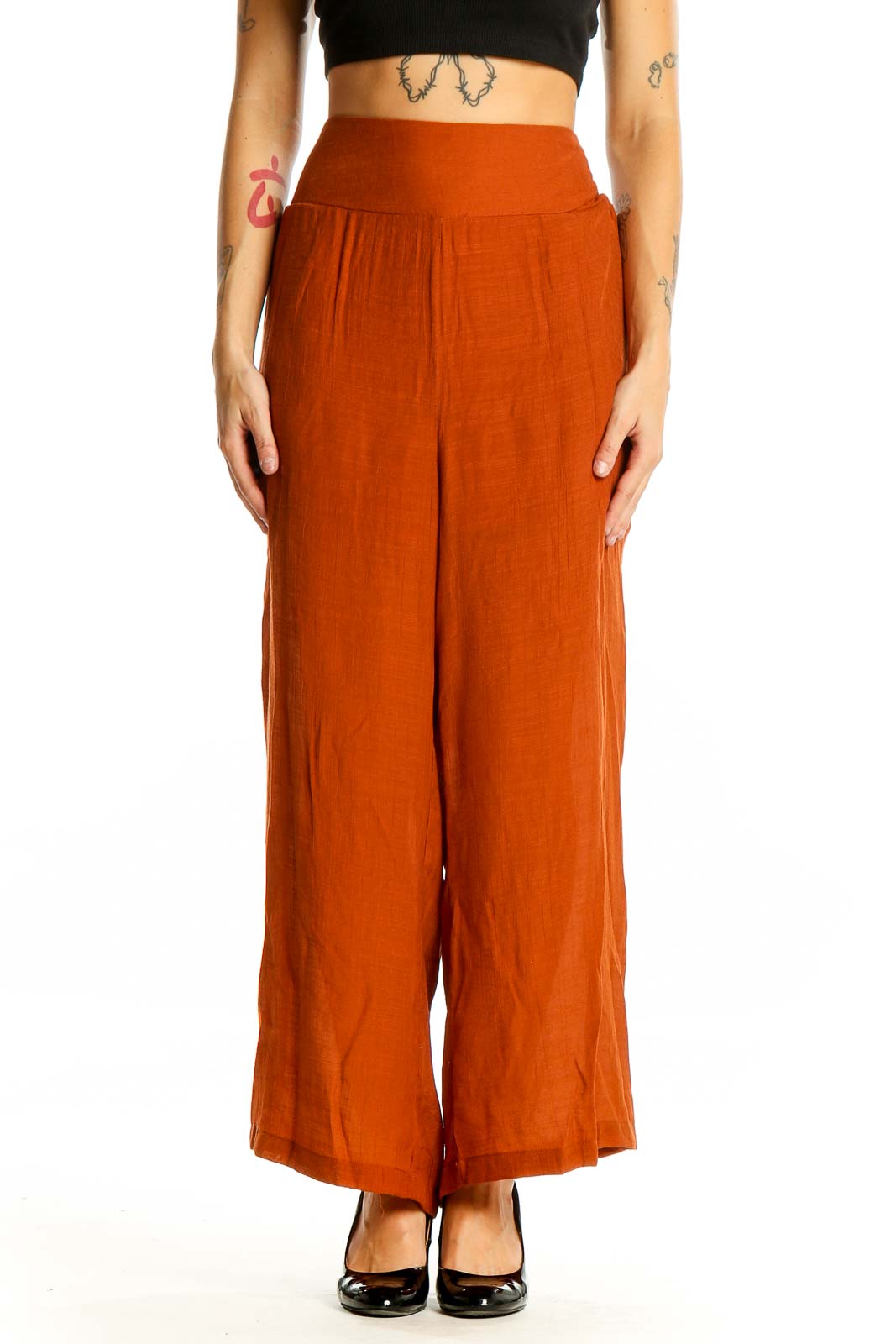 Front view of Nanette Lepore rust-colored wide-leg palazzo pants