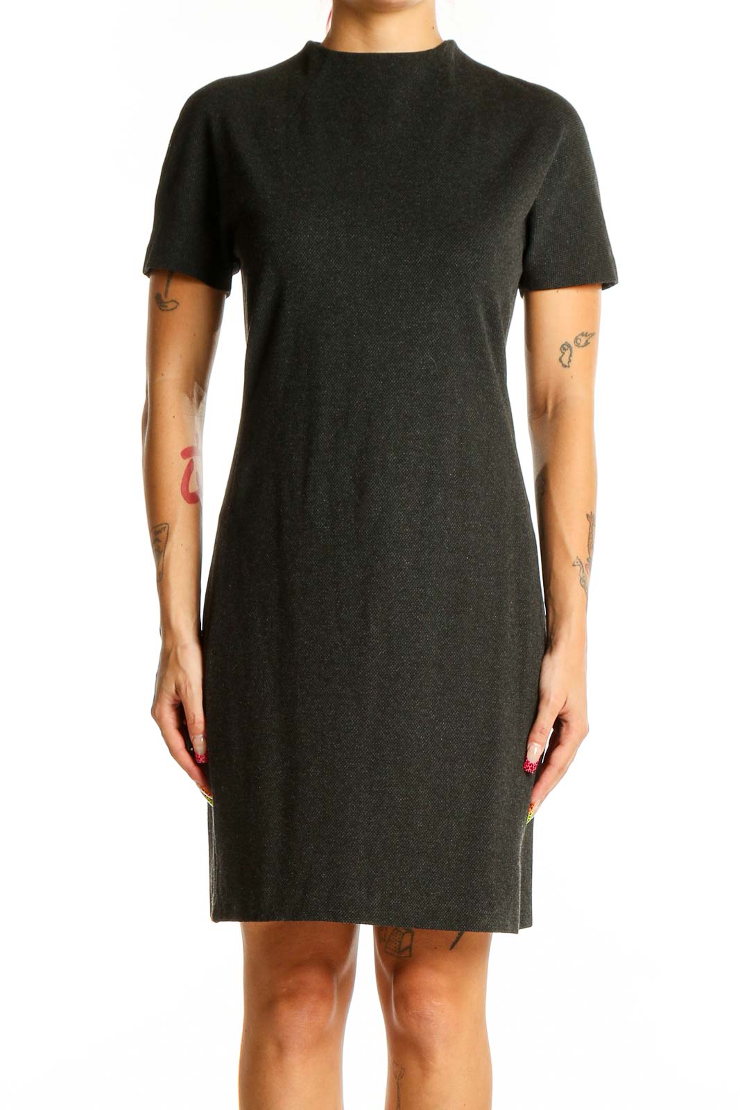 Front view of Theory charcoal short-sleeve fitted dress