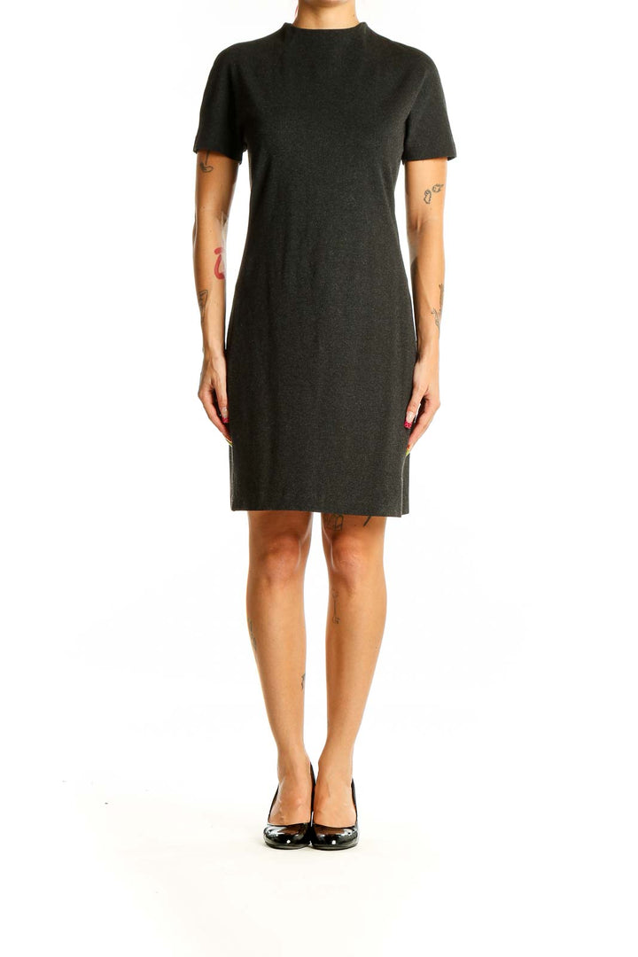 Front view of Theory charcoal short-sleeve fitted dress